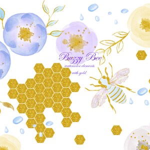 Peut inclure: Éléments aquarelles avec des accents dorés, représentant des fleurs, un nid d'abeilles, une abeille et des gouttes d'eau. Le texte "Buzzy Bee" est également inclus. Le design a une palette de couleurs pastel.