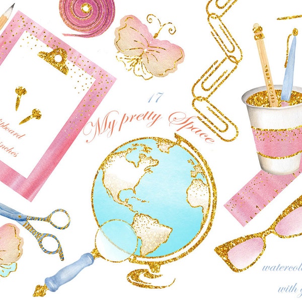 Watercolor clipart with glitter, instant download. Stationary watercolor images, globe, dashboard, pen, pencil, glasses. Planner clipart.