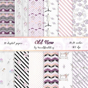 May include: A collection of 19 digital papers with various patterns, including chevron, stripes, and floral designs. The color palette features shades of purple, pink, and white. The text "Old New" is displayed, along with the dimensions 19x19 inches.