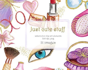 Pode incluir: Elementos de clip art em aquarela com itens de maquiagem e acessórios. Inclui um batom, óculos de sol, um pincel de maquiagem e uma bolsa com flores. O texto "Just cute stuff" é exibido em letras douradas.