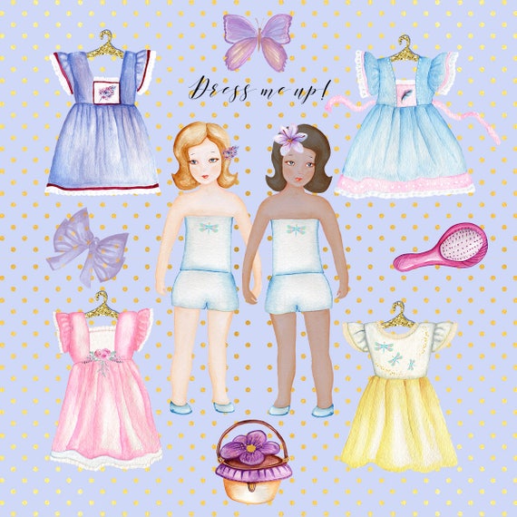 Watercolor Dress Dolls Clip Art Girls Digital Hand Painted Etsy