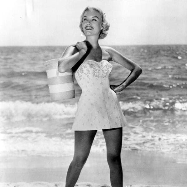 Vintage Swimwear Beach Scene Modeling Retro Fashion Swimwear Beach Bag Black and White Photo 50's Fashion Bathing Suit Digital Download
