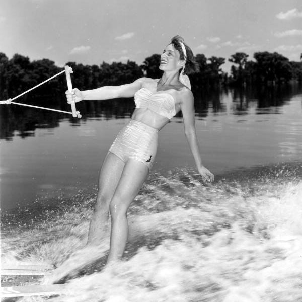 Vintage Photo Young Woman Waterskiing 1950's Bathing Suit Digital Download for Coastal Decorating Style Beach Art Planners Water Sports