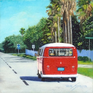 Volkswagen van red VW bus art print square print driving Highway A1A beach road poster wall art cruising sunny day road trip fun coastal