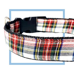 Stewart Tartan Plaid Christmas Dog Collar, Harness or Leash with Personalized Engraved Buckle Option