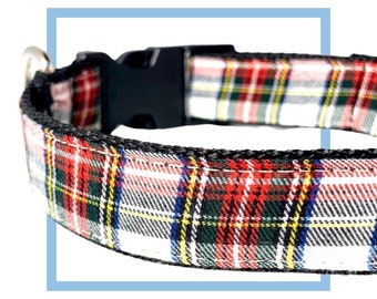 Stewart Tartan Plaid Christmas Dog Collar, Harness or Leash with Personalized Engraved Buckle Option