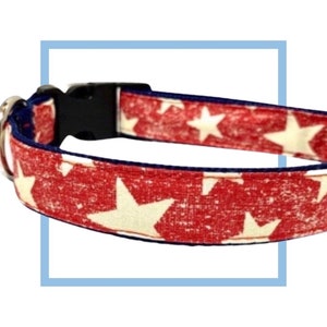 Rustic Red Stars Patriotic Dog Collar, Harness or Matching Leash with Personalized Metal Buckle Upgrade