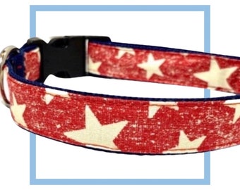 Rustic Red Stars Patriotic Dog Collar, Harness or Matching Leash with Personalized Metal Buckle Upgrade