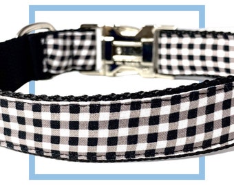 Black and White Gingham Plaid Dog Collar, Harness or Leash with Personalized Metal Buckle Option