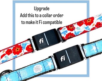 May include: Two dog collars with a black Fi tracker attached. The collars are both made of a black fabric with a white pattern. One collar has a red and white floral pattern, and the other has a blue and white seashell pattern. The text "Upgrade Add this to a collar order to make it Fi compatible" is written in white text on a blue background.