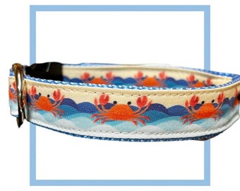 Crab Beach Dog Collar, Leash or Harness: Personalized Engraved Buckle Option