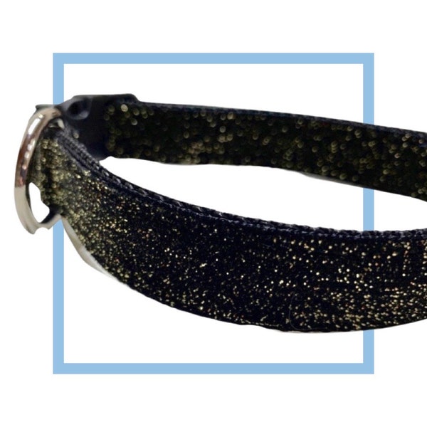 Black Glitter Velvet Dog Collar, Leash or Harness with Personalized, Engraved Metal Buckle Upgrade Option