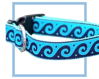 Beach Waves Dog Collar, Harness or Leash with Personalized Engraved Buckle Upgrade Option