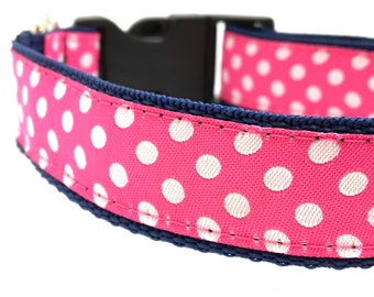 Pink Polka Dot Dog Collar, Harness or Leash with Personalized Engraved Buckle Option