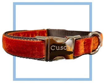 Rust Velvet Dog Collar, Leash or Harness with Personalized Buckle Option