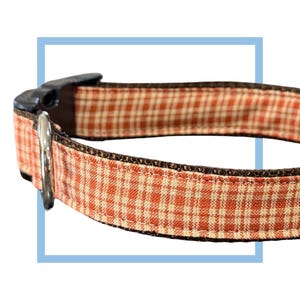May include: Close-up of a dog collar with a red and cream gingham pattern. The collar has a black plastic buckle and a silver metal ring. The edges are trimmed with a dark brown fabric.