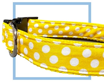 Yellow Polka Dot Dog Collar, Harness or Leash with Personalized Engraved Buckle Option