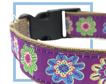 Purple Daisy Dog Collar, Harness or Leash with Personalized, Engraved Buckle Option