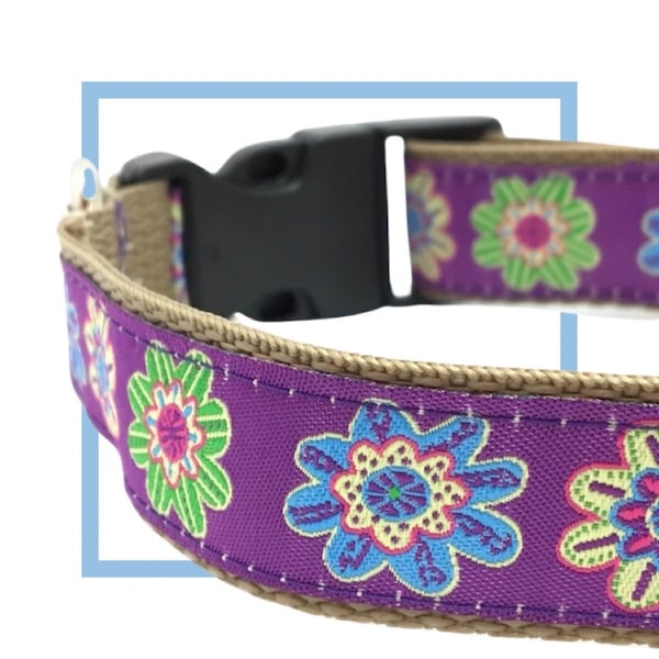 Purple Daisy Dog Collar, Harness or Leash with Personalized, Engraved Buckle Option