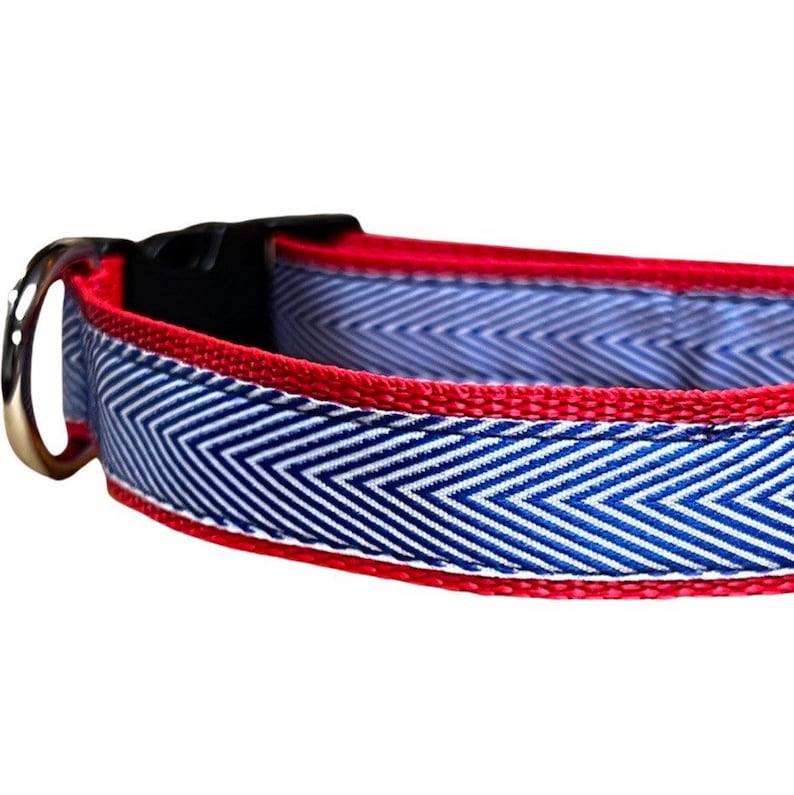 Red White & Blue Chevron Dog Collar, Harness or Leash with Personalized Metal Buckle Option image 3