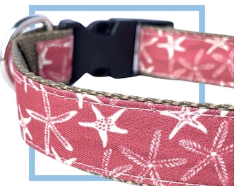 Coral Starfish Beach Dog Collar, Harness or Leash with Personalized Engraved Buckle Option
