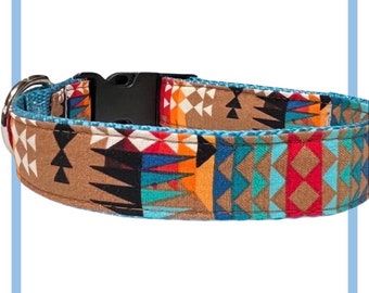 Brown Southwest Aztec Dog Collar, Harness or Leash with Personalized Engraved Buckle Upgrade