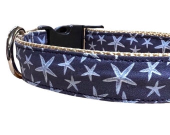 Navy Starfish Beach Dog Collar, Harness or Leash with Personalized Engraved Buckle Option