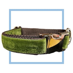 Moss Green Velvet Dog Collar, Leash or Harness with Personalized Buckle Option