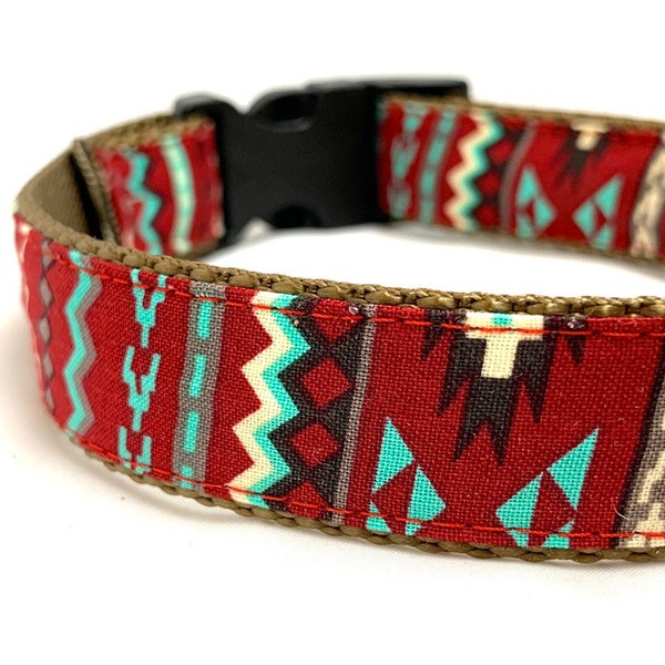 Red Southwest Aztec Dog Collar, Harness or Leash with Personalized Engraved Buckle Upgrade