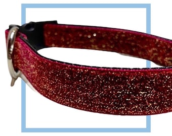 Burgundy Glitter Velvet Dog Collar, Leash or Harness with Personalized, Engraved Metal Buckle Upgrade Option