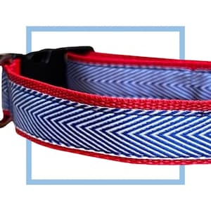 Red White & Blue Chevron Dog Collar, Harness or Leash with Personalized Metal Buckle Option image 1