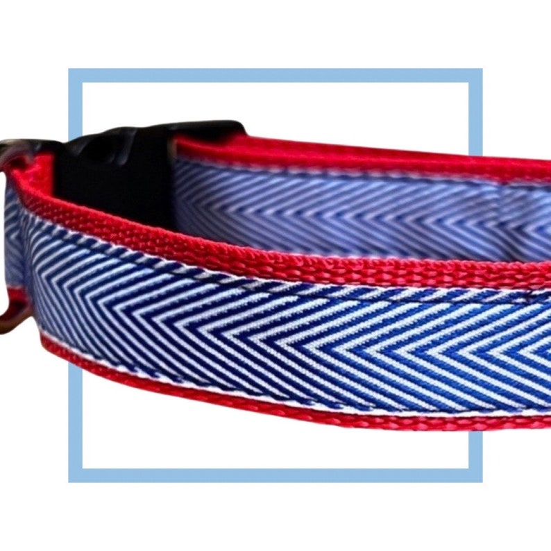 Red White & Blue Chevron Dog Collar, Harness or Leash with Personalized Metal Buckle Option image 1