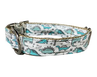 Blue Dinosaur Dog Collar, Harness or Leash with Personalized Engraved Buckle Option