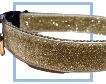 Gold Glitter Velvet Dog Collar, Leash or Harness with Personalized, Engraved Metal Buckle Upgrade Option