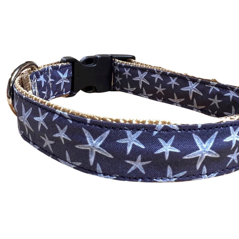 Navy Starfish Beach Dog Collar, Harness or Leash with Personalized Engraved Buckle Option image 3