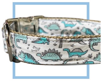 Blue Dinosaur Dog Collar with Personalized Engraved Buckle Option