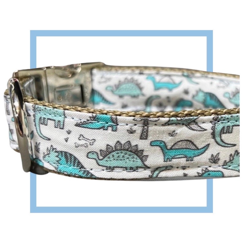 Blue Dinosaur Dog Collar with Personalized Engraved Buckle Option image 1