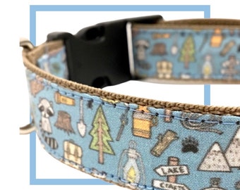 Camping Dog Collar, Harness or Leash with Personalized, Engraved Buckle Option