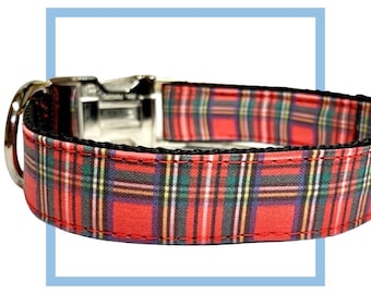 Red Scottish Tartan Plaid Dog Collar, Harness or Leash with Personalization Engraved Buckle Option