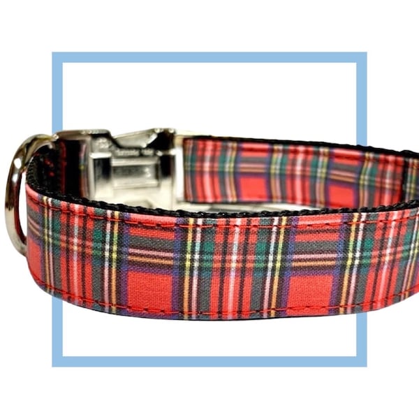 Red Scottish Tartan Plaid Dog Collar, Harness or Leash with Personalization Engraved Buckle Option