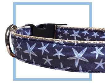 Navy Starfish Beach Dog Collar, Harness or Leash with Personalized Engraved Buckle Option