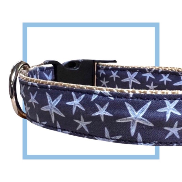 Navy Starfish Beach Dog Collar, Harness or Leash with Personalized Engraved Buckle Option