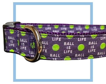 Purple Ball Is Life Dog Collar, Harness or Leash with Personalized Metal Buckle Option