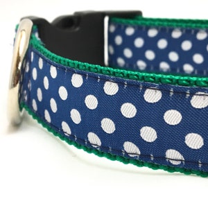 Blue & Green Polka Dot Dog Collar, Harness or Leash with Personalized Engraved Buckle Option