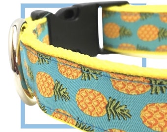 Pineapple Dog Collar, Leash or Harness with Personalized Metal Buckle Upgrade Option