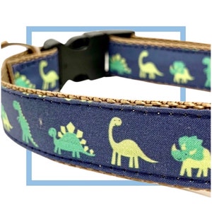 Dinosaur Parade Dog Collar, Harness or Leash with Personalized Engraved Buckle Option