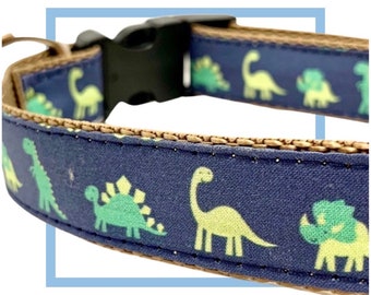 Dinosaur Parade Dog Collar, Harness or Leash with Personalized Engraved Buckle Option