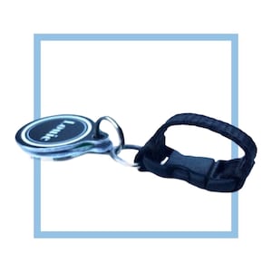 May include: A black and silver key chain with a round tag that says "Louie" on it. The key chain has a black adjustable strap with a buckle.