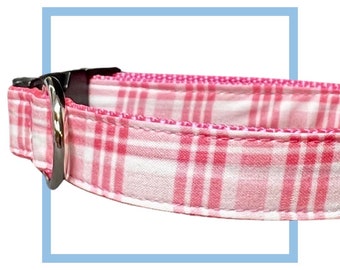 Pink Plaid Dog Collar, Harness or Leash with Personalized Engraved Buckle Option