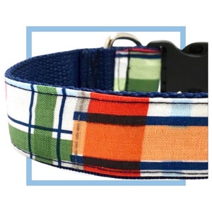 Coastal Plaid Dog Collar, Harness or Leash with Personalized Engraved Buckle Option